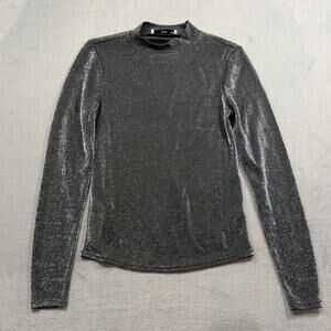 MNG Mango Womens Silver Metallic Shimmer Mock Neck Long Sleeve Top Medium M